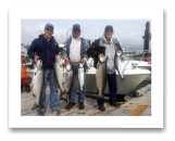 August 14, 2014 : 21, 18, 15, 13 lbs. Chinook & 2 Sockeye Salmon - Otter Point - Day 3 of 3 - Dick, Scott, & Chuck from Washington. This is the 4th year in a row going out with Roy on the Blue Wolf.